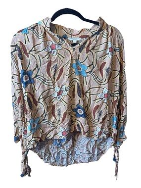 Christian Siriano Beige Floral Tie-Sleeve Blouse with Blue Accents small artsy